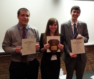 Andrew Merrill, Katie Hagedorn, and Kevin Burridge pose with their certificates after taking first, second, and third place awards in the cellular/molecular poster presentation.