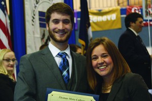 Winner of the Dean's Award for Research Excellence in Humanities & Fine Arts Michael Matthew Orr (left) presented by 2011 Recipient Erica C. Deters ’11