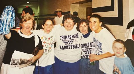 Professor Judy Harris, Shannon Galbraith-Kent, Dr. Ann Hicks, Dr. Maria McLean, Amy Burk, and John Wehry on Senior Day at the Thomas More women's basketball game.