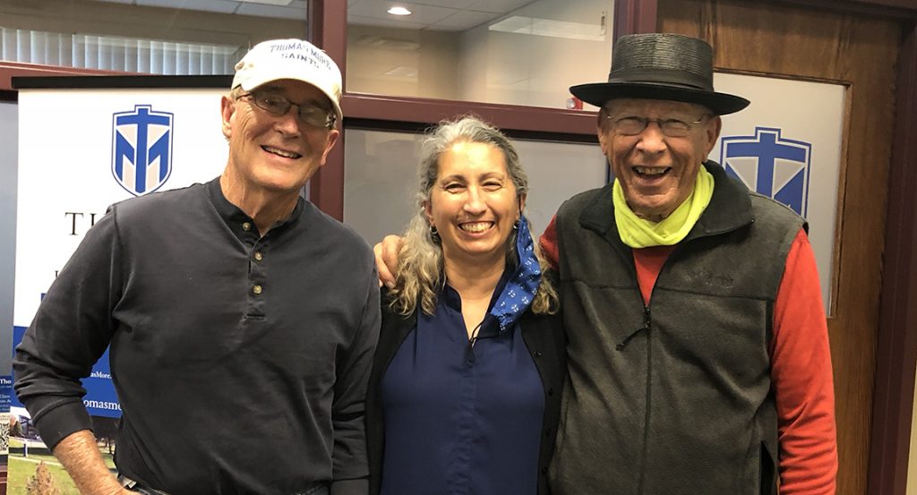 Photo from a visit to the Thomas More campus in April (after being vaccinated against COVID). John Hagan '67, Judy Crist, and Larry Israel '65.